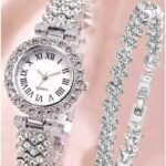 ساعة نسائية مرصعة بأحجار الراين مع سوار أنيق - عرض تناظري
