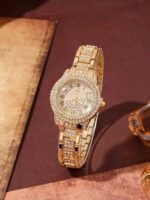⁦مجموعة ساعات كوارتز فاخرة للنساء 4 قطع مع ساعة مرصعة بالأرقام الرومانية وإكسسوارات أنيقة⁩ - الصورة ⁦3⁩