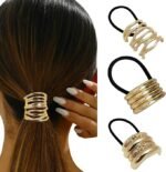 ⁦توكة شعر ذهبية معدنية لذيل الحصان – ربطات شعر مرنة حلزونية 3 قطع⁩ - الصورة ⁦4⁩